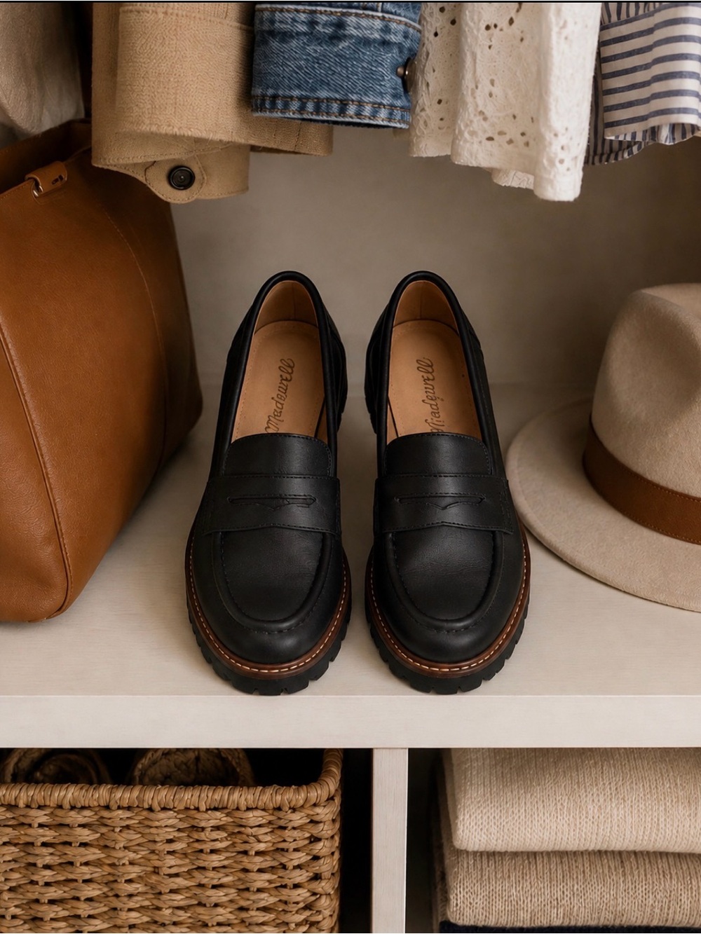 Madewell Black Leather penny Loafers low block heel brown stitching preppy fall